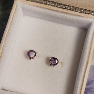 Amethyst Heart Post Earrings Dainty 14k Yellow Gold Vintage February Birthstone